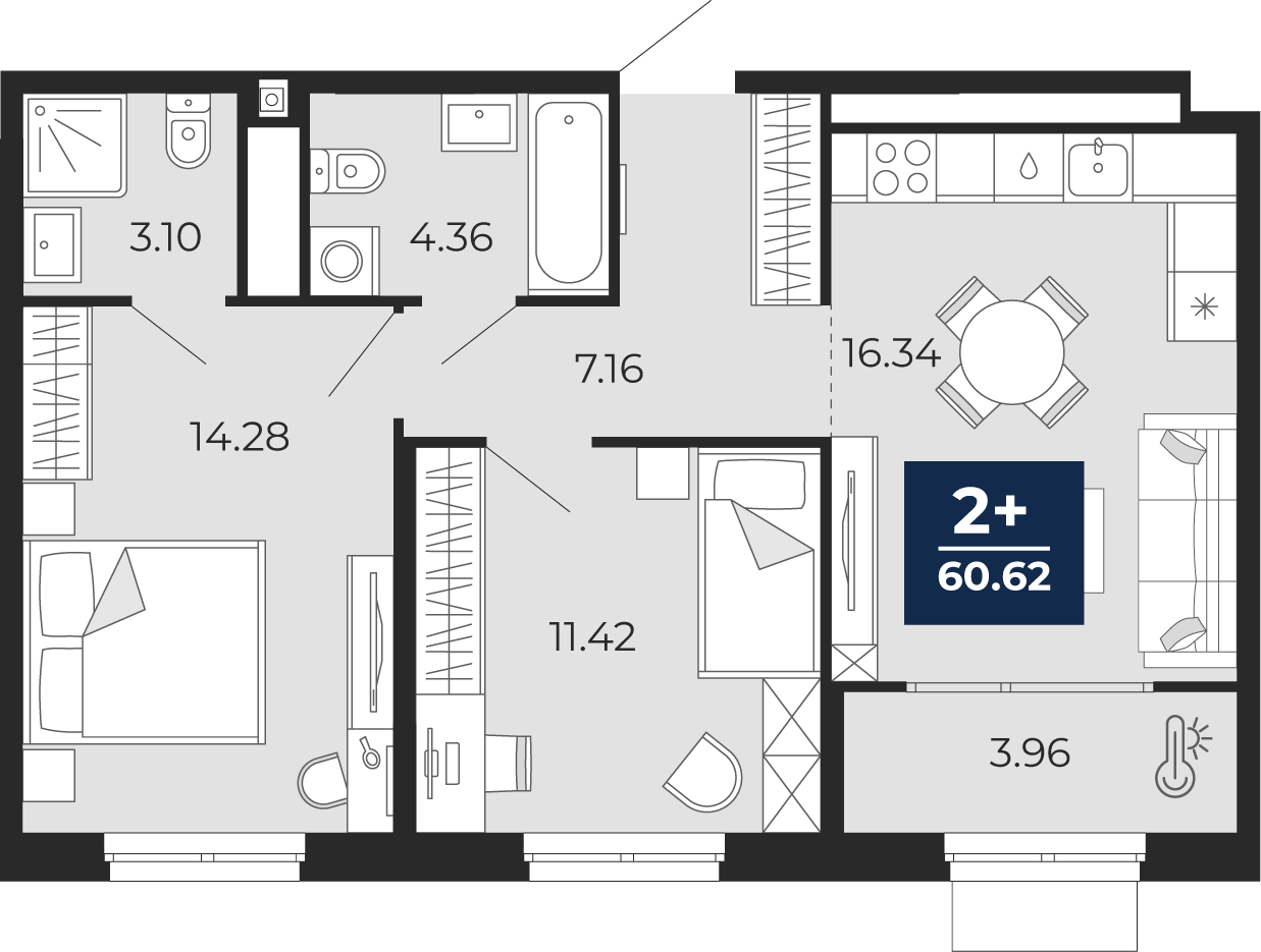 2-комнатная 60 м2 в ЖК Мириады корпус null этаж 12