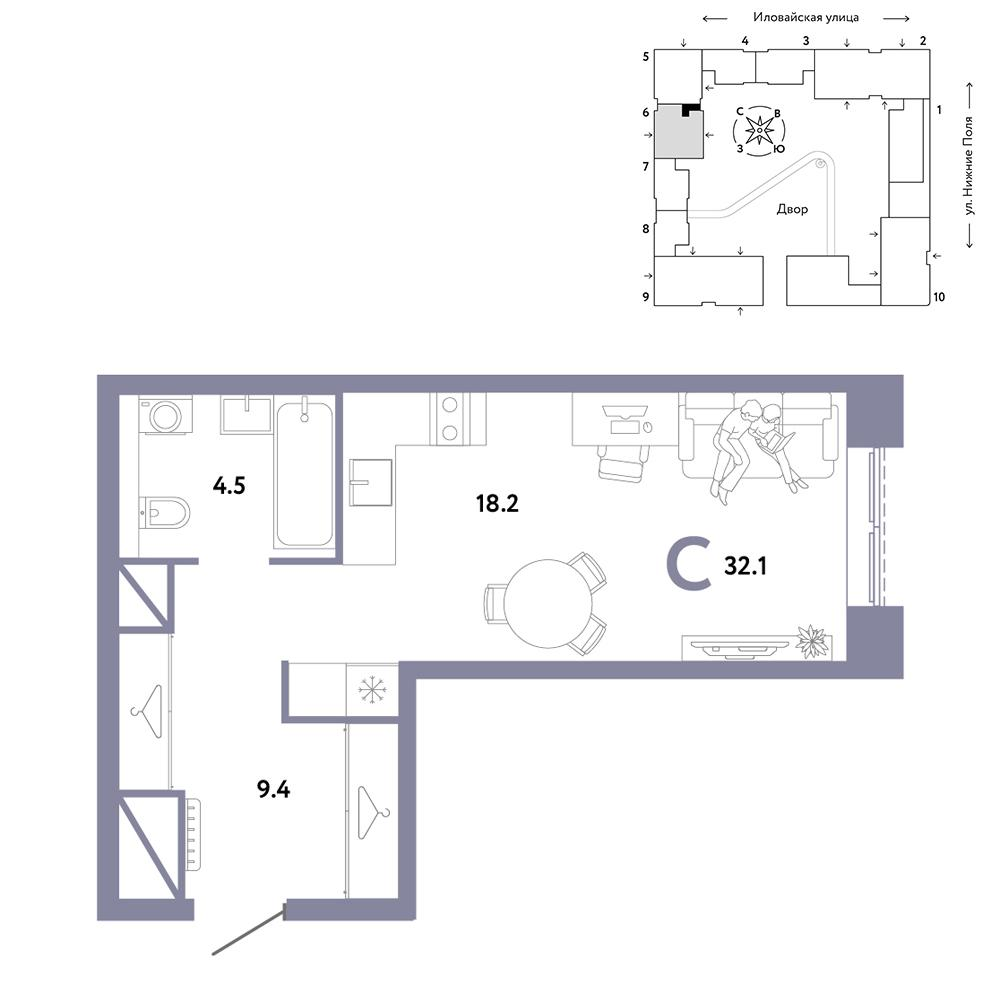 1-комнатная 32 м2 в ЖК Страна.Заречная корпус null этаж 17