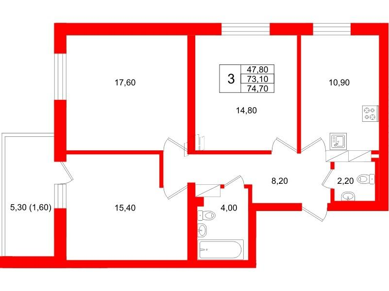 3-комнатная 75 м2 в ЖК Экос корпус null этаж 9