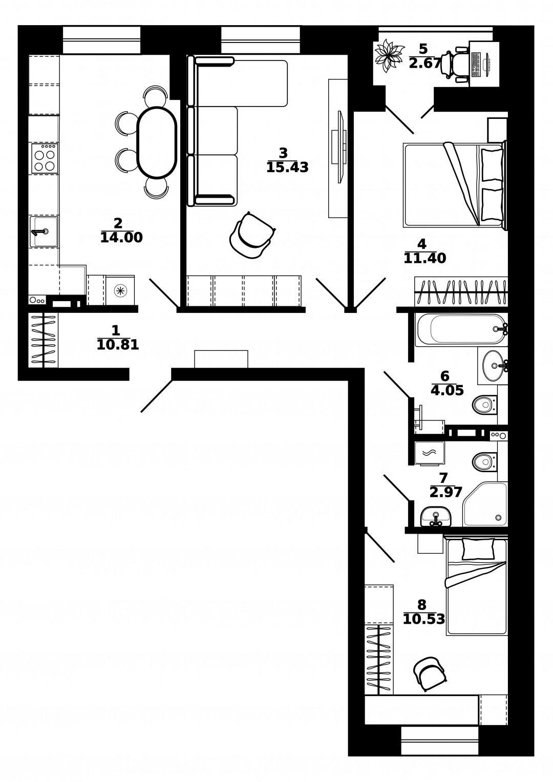 3-комнатная 74.1 м2 в ЖК undefined корпус null этаж 15