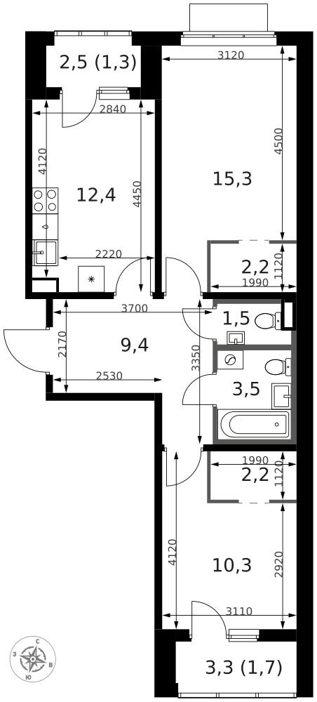 2-комнатная 60 м2 в ЖК 1-й Ясеневский корпус null этаж 15