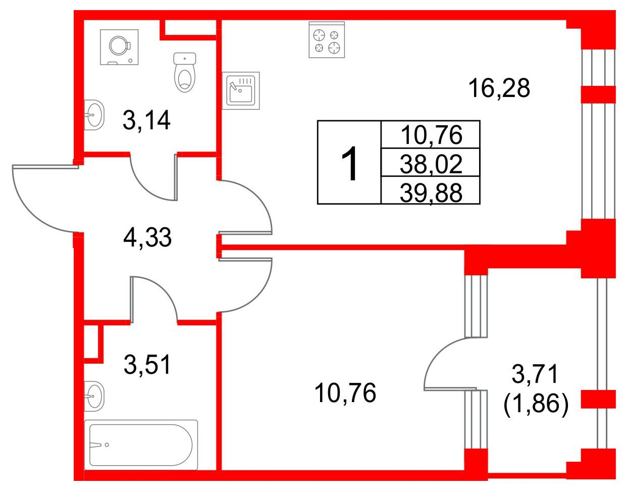 1-комнатная 43 м2 в ЖК Кронфорт. Центральный корпус null этаж 1