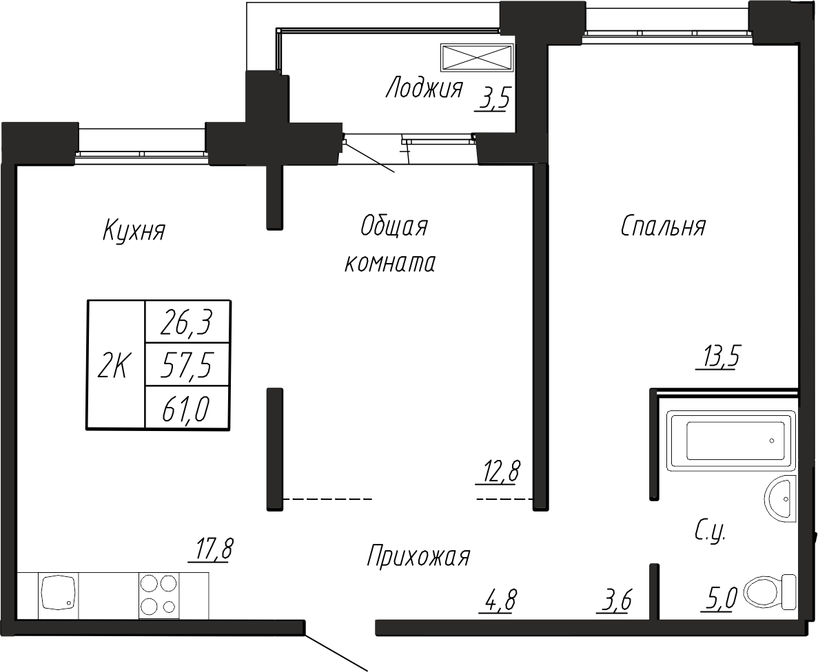 2-комнатная 61 м2 в ЖК Сибирь корпус null этаж 14
