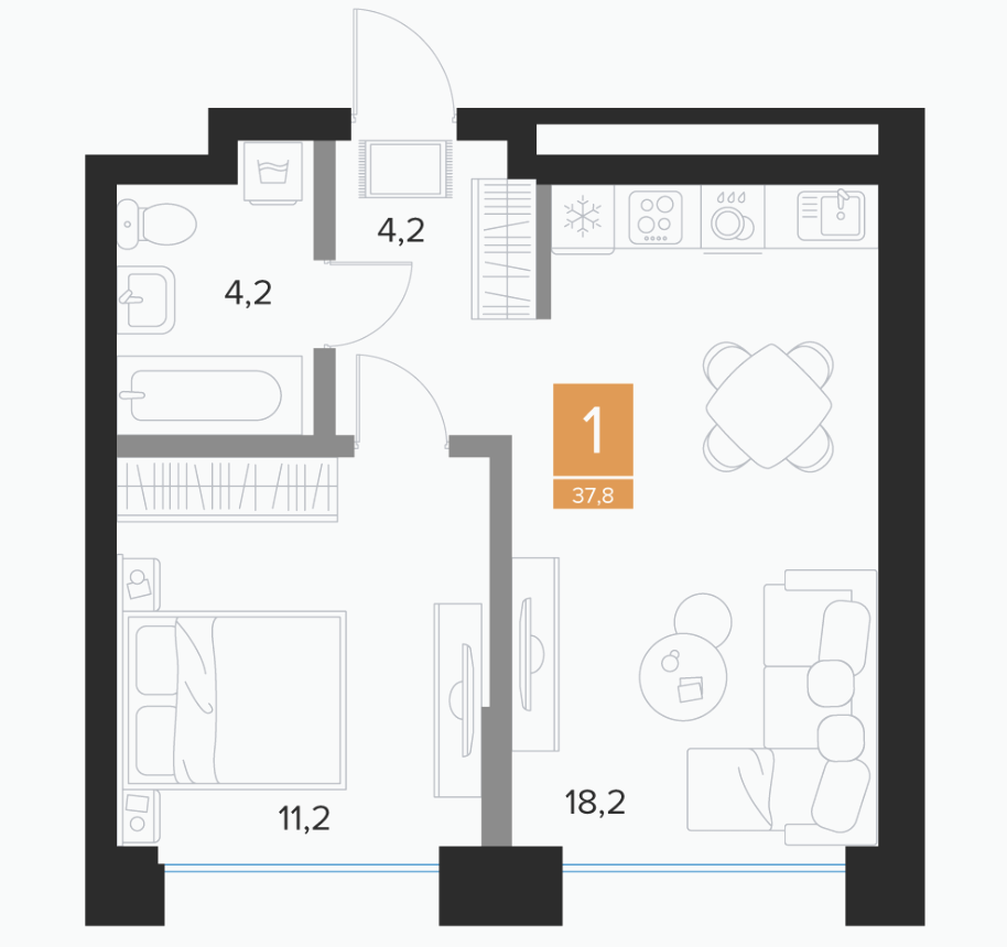 1-комнатная 35.9 м2 в ЖК undefined корпус null этаж 2