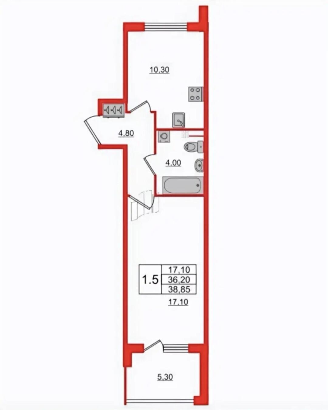 1-комнатная 38.5 м2 в ЖК undefined корпус null этаж 3
