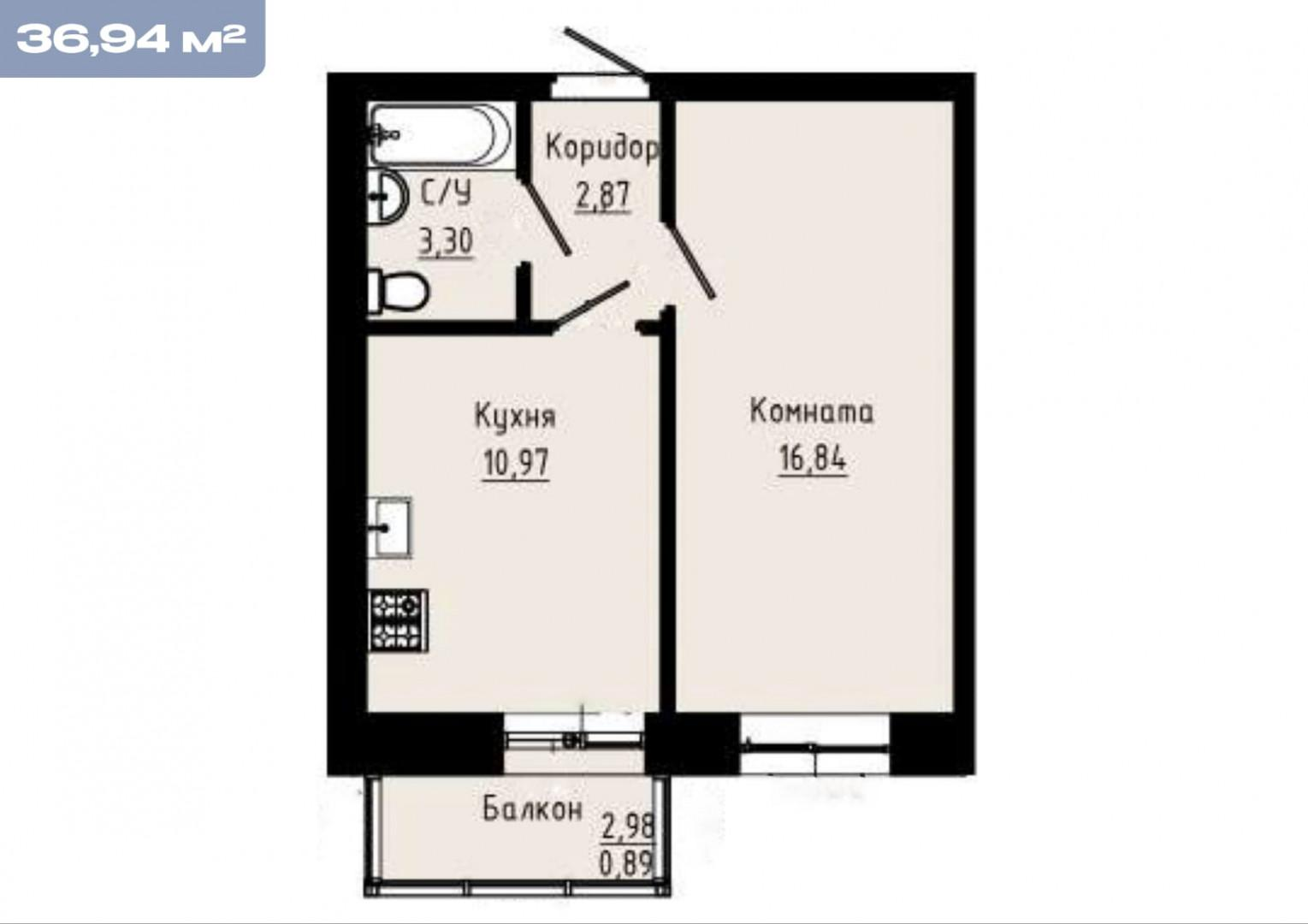 1-комнатная 37 м2 в ЖК undefined корпус null этаж 6