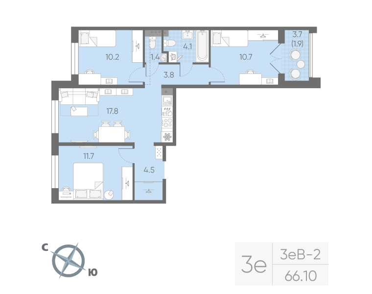 3-комнатная 66 м2 в ЖК Пулково Lake корпус null этаж 3