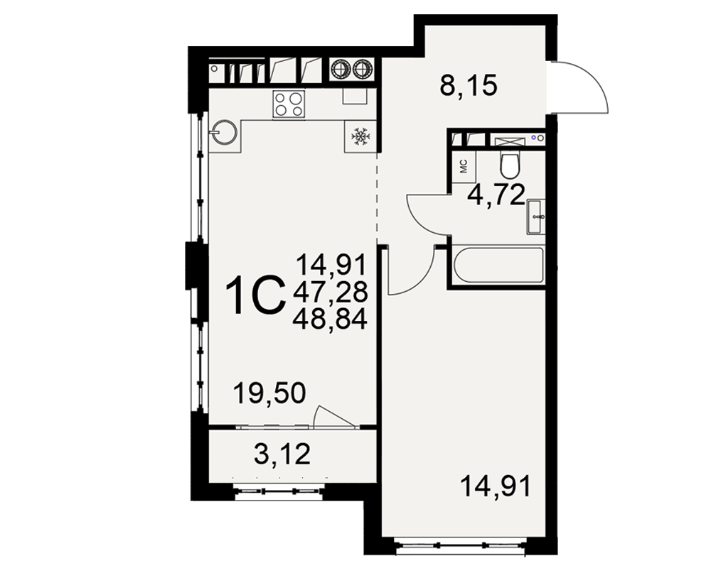 1-комнатная 47 м2 в ЖК Медиана корпус null этаж 7