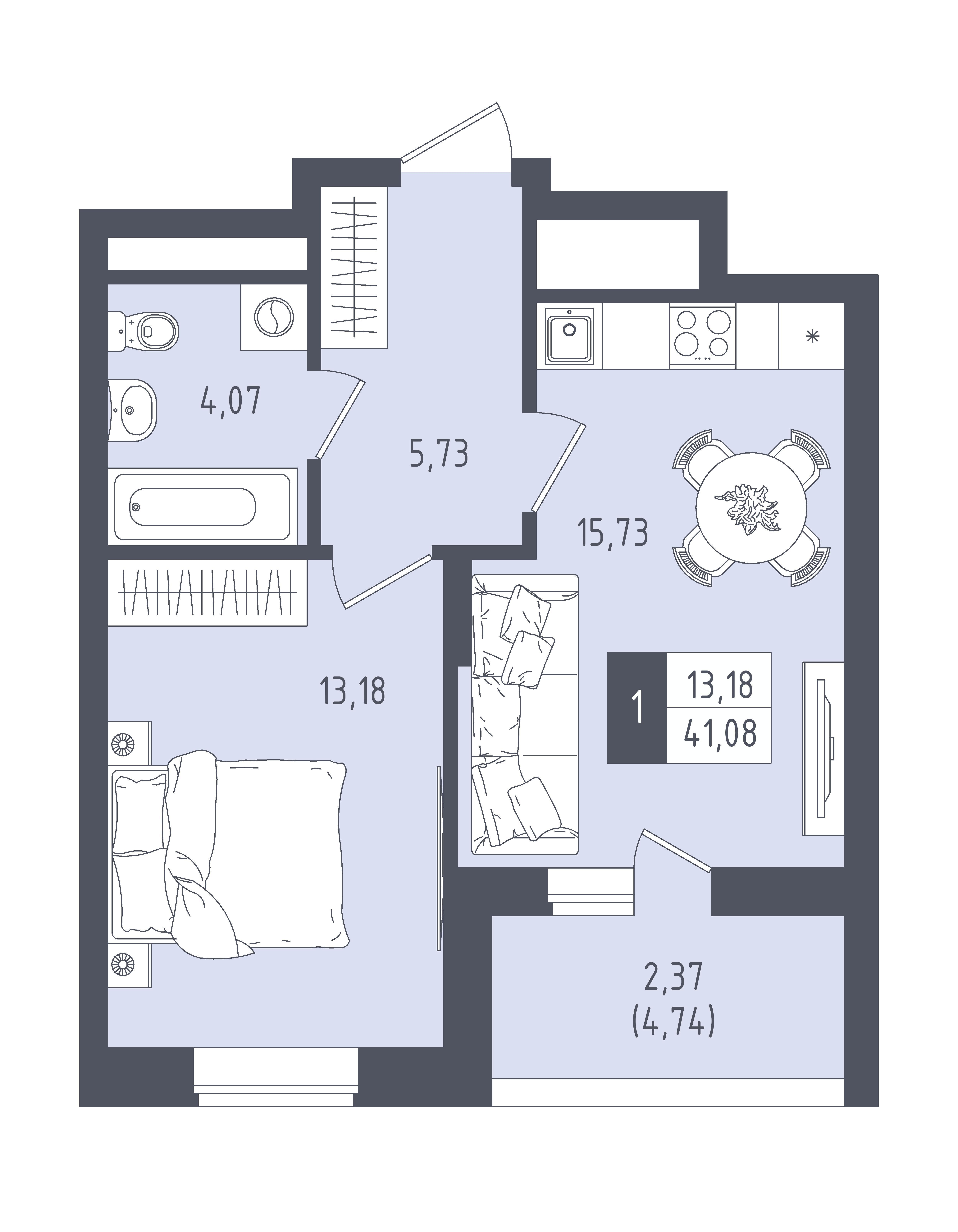 1-комнатная 41 м2 в ЖК Малевич корпус null этаж 14