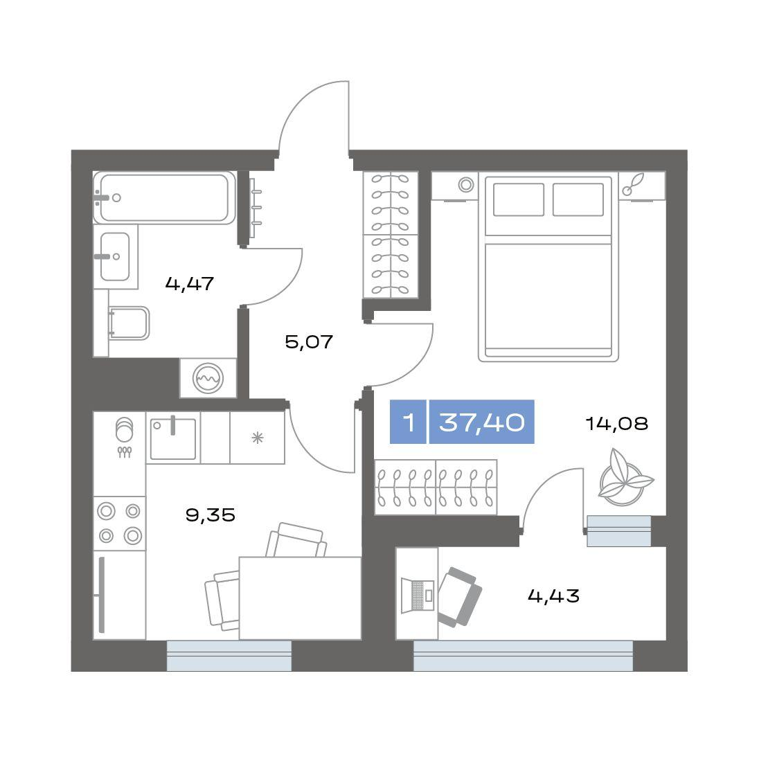 1-комнатная 37 м2 в ЖК Пятнашка корпус null этаж 2
