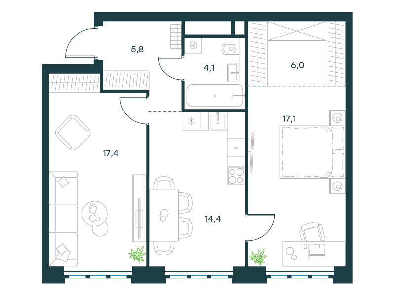 2-комнатная 64 м2 в ЖК Level Южнопортовая корпус null этаж 23