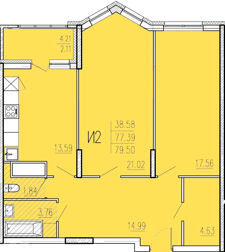 2-комнатная 79 м2 в ЖК Акварель корпус null этаж 10