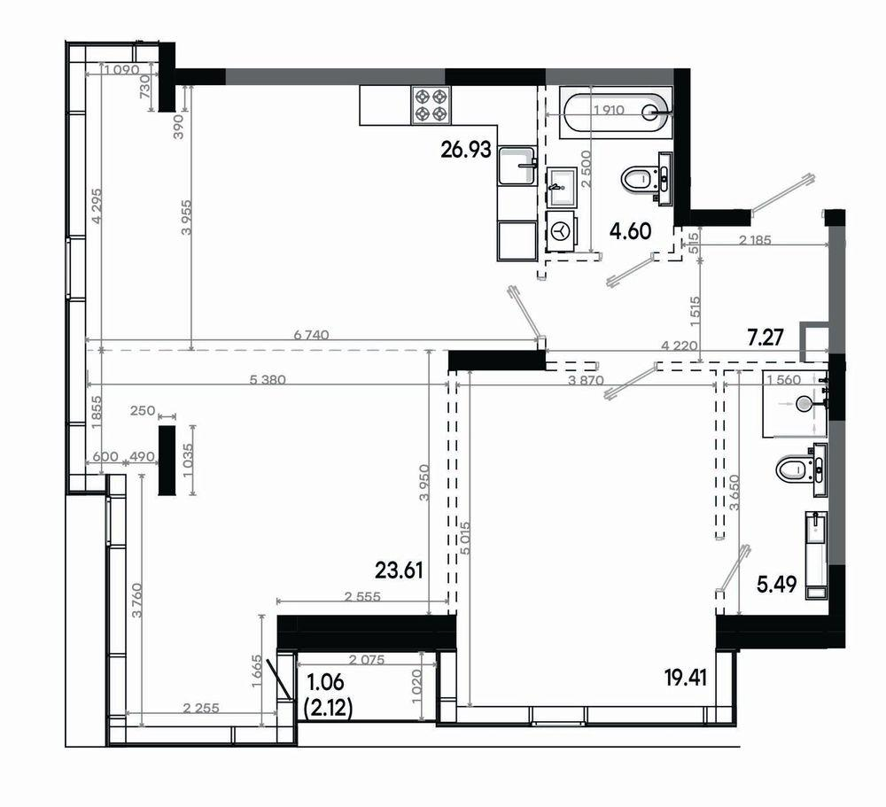 2-комнатная 88 м2 в ЖК Минтимер корпус null этаж 15