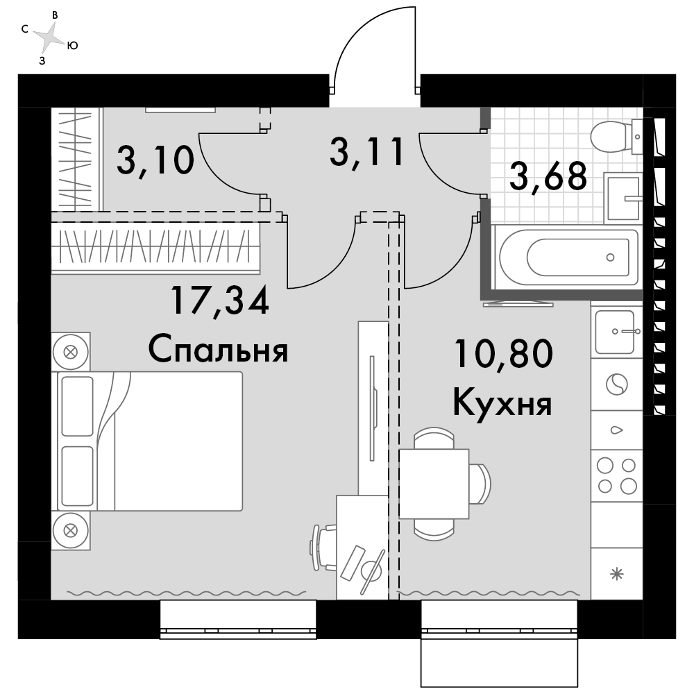 1-комнатная 36 м2 в ЖК Жаворонки Клаб корпус null этаж 3