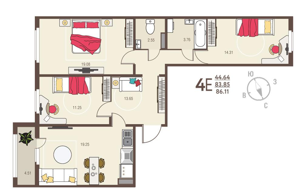 3-комнатная 86.1 м2 в ЖК undefined корпус null этаж 8
