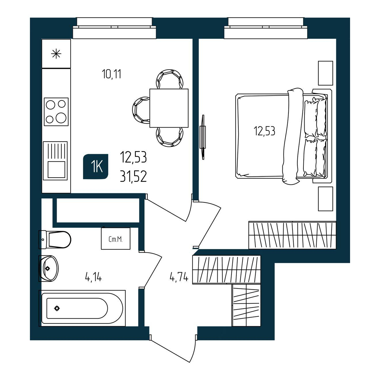 1-комнатная 31 м2 в ЖК Квартал Мятный корпус null этаж 15