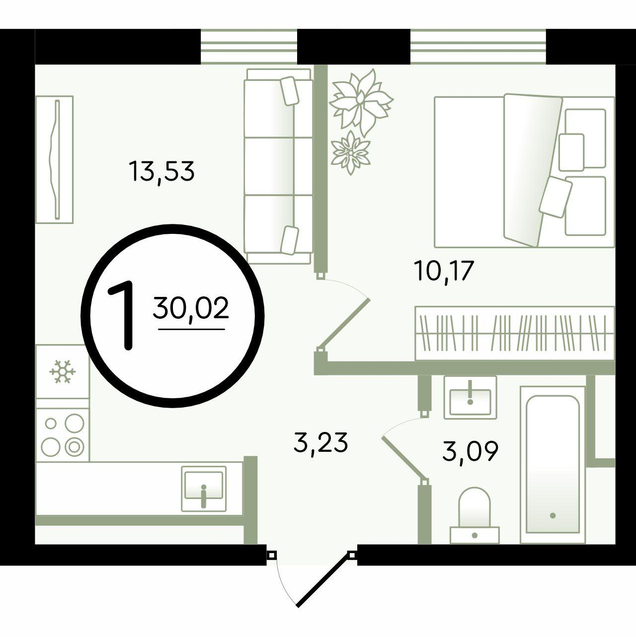 1-комнатная 30 м2 в ЖК Зеленые Аллеи корпус null этаж 1