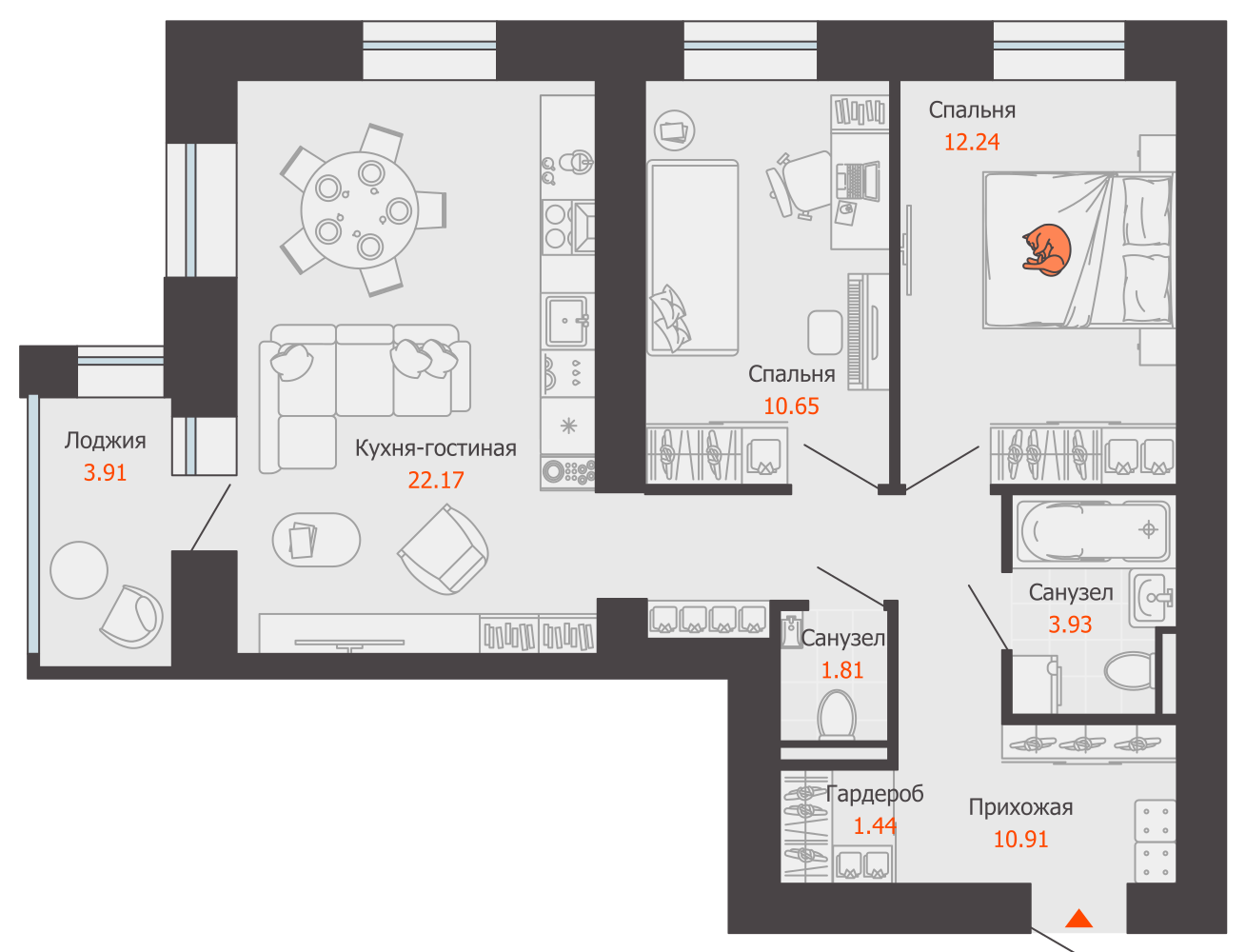3-комнатная 65 м2 в ЖК ZNAK корпус null этаж 3