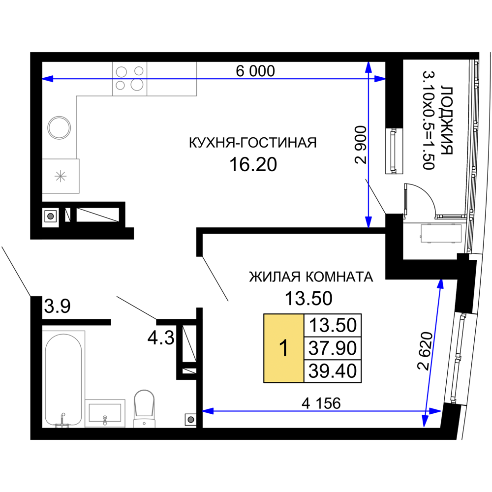 1-комнатная 39 м2 в ЖК Фонтаны корпус null этаж 10