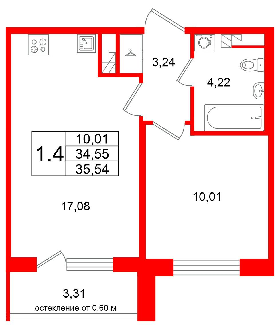 1-комнатная 34 м2 в ЖК Univer City корпус null этаж 4