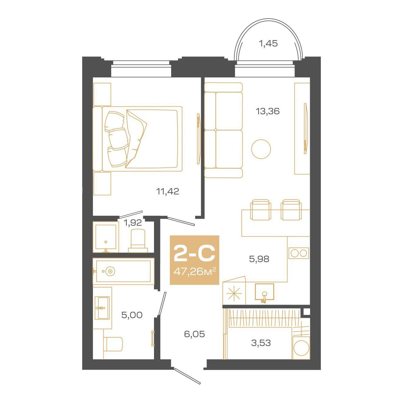 2-комнатная 47 м2 в ЖК Пульсар корпус null этаж 8