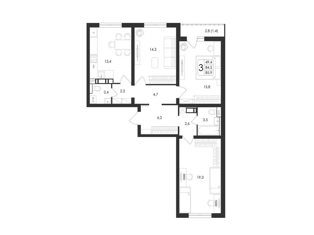 3-комнатная 85 м2 в ЖК Май корпус null этаж 14