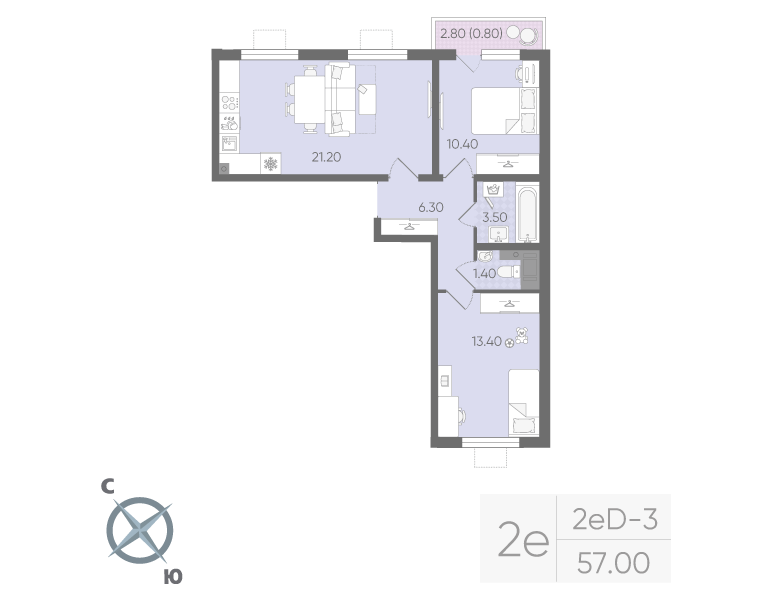 2-комнатная 56 м2 в ЖК Ручьи (2 оч.) корпус null этаж 13