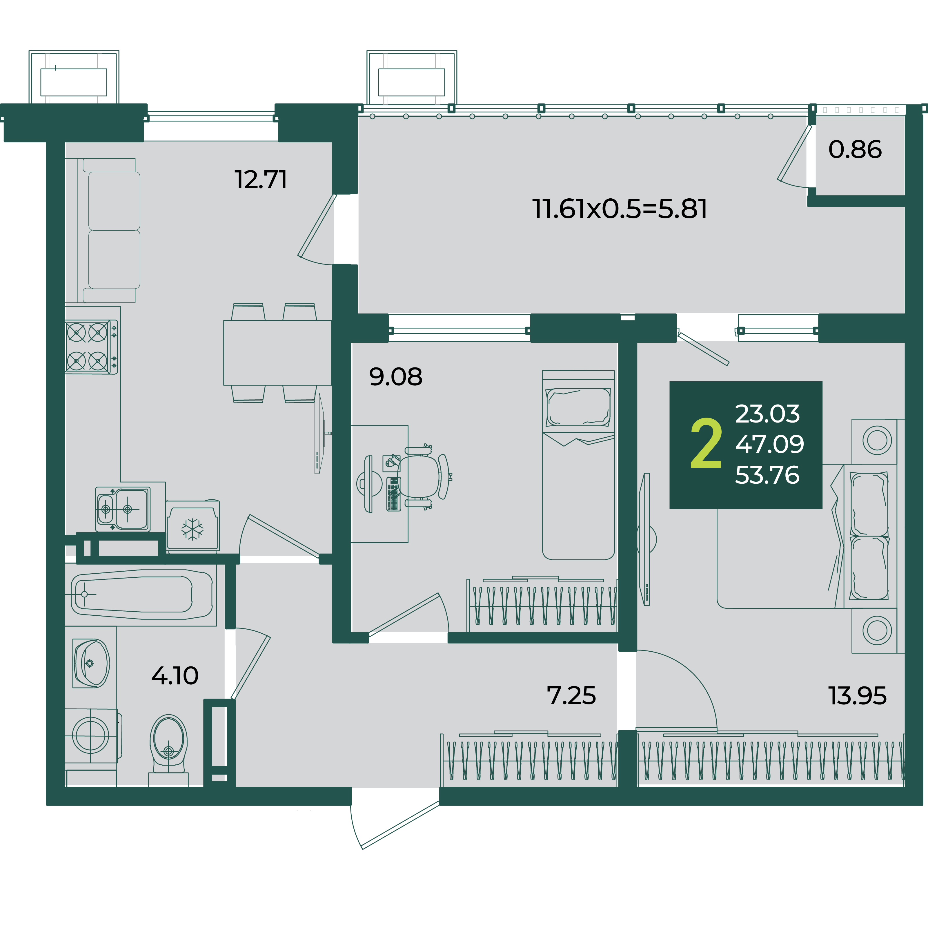 2-комнатная 53 м2 в ЖК Образцово корпус null этаж 10