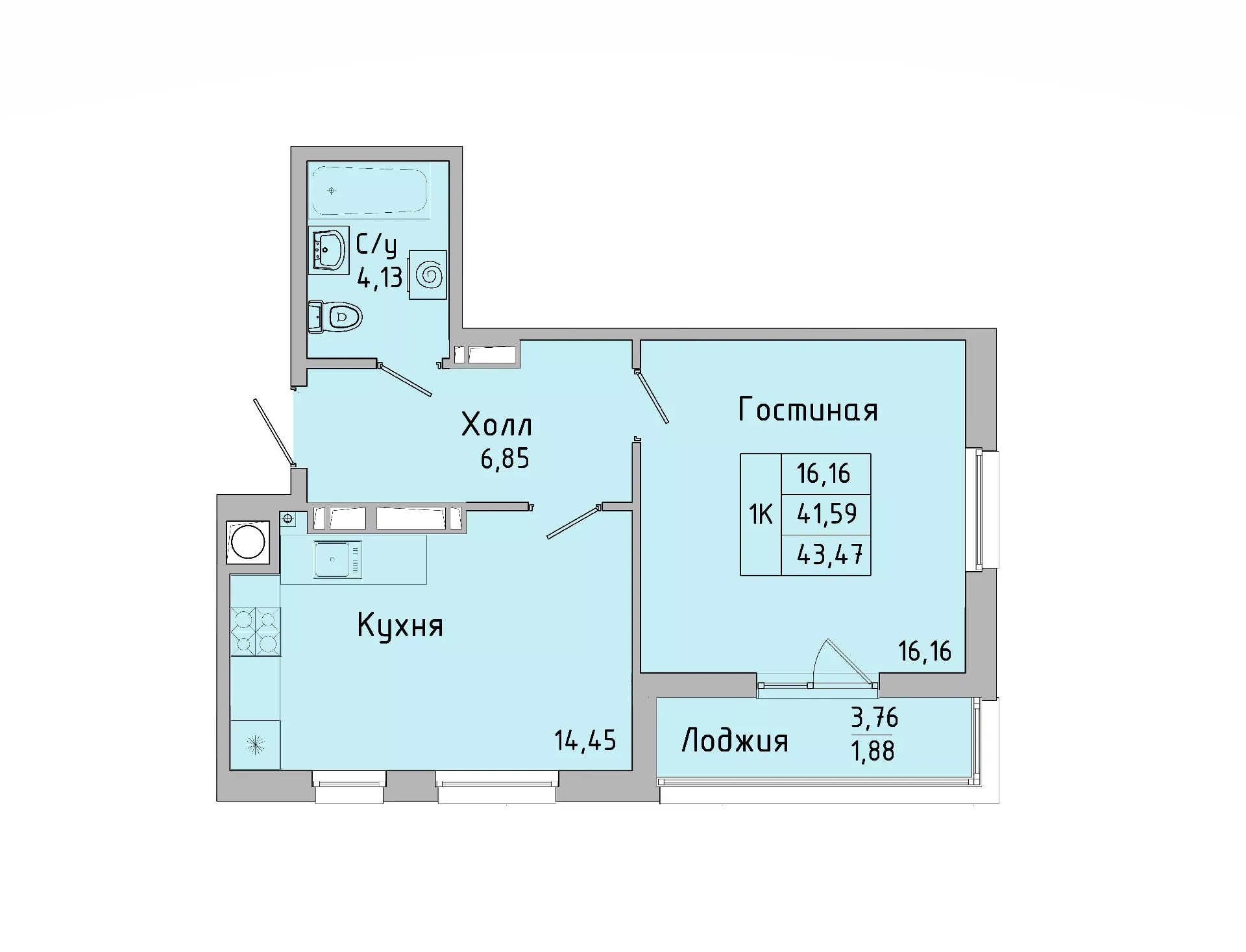 1-комнатная 41 м2 в ЖК Пальмира 2.0 корпус null этаж 9