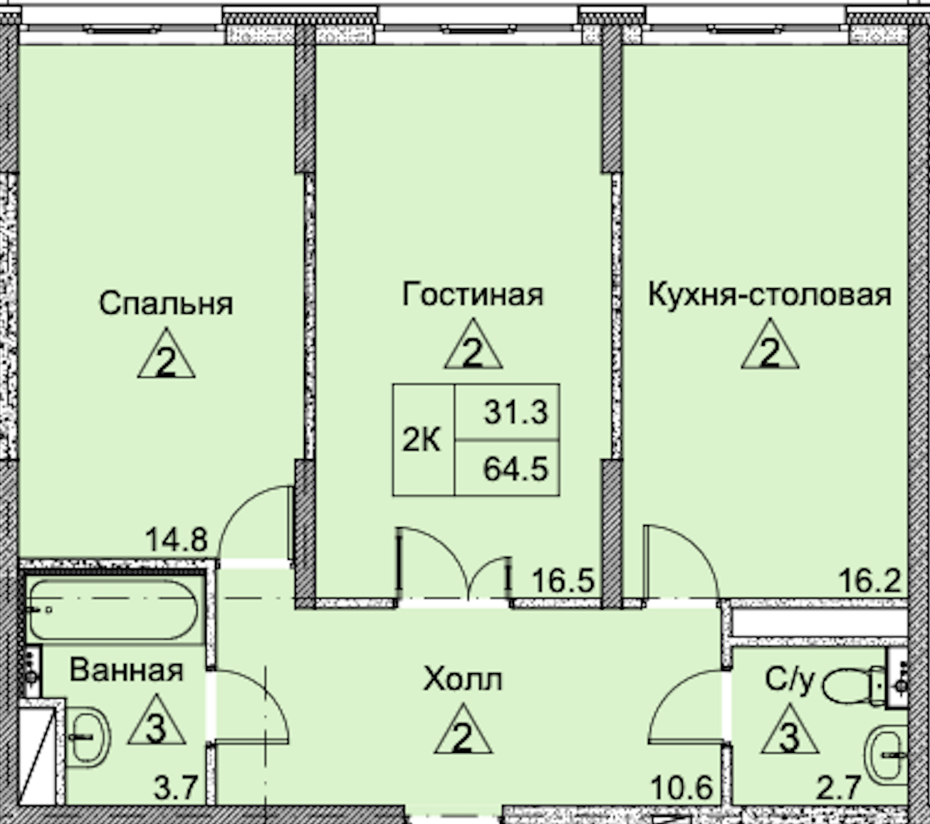 2-комнатная 64 м2 в ЖК Петровский Авеню корпус null этаж 16