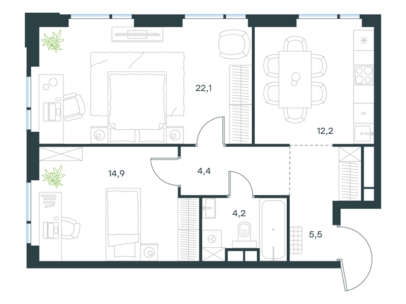 2-комнатная 63 м2 в ЖК Левел Войковская корпус null этаж 4