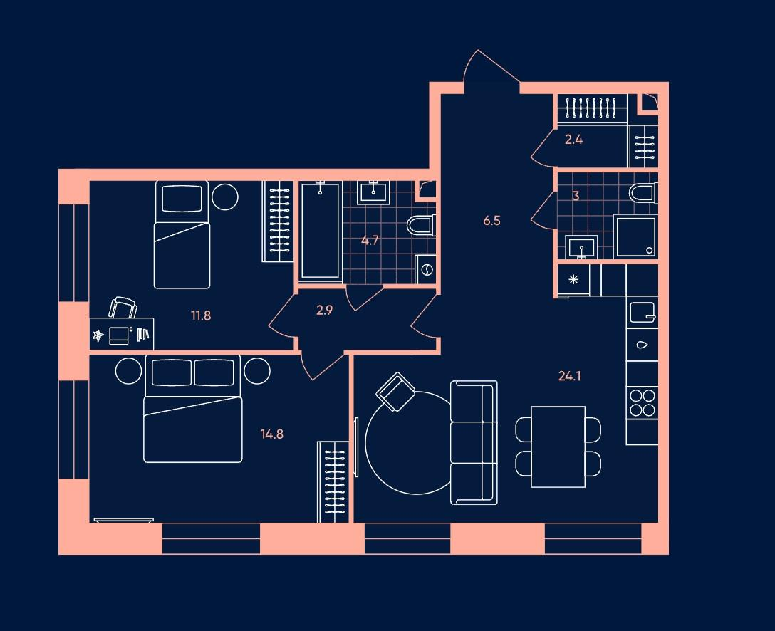 3-комнатная 70.2 м2 в ЖК undefined корпус null этаж 5