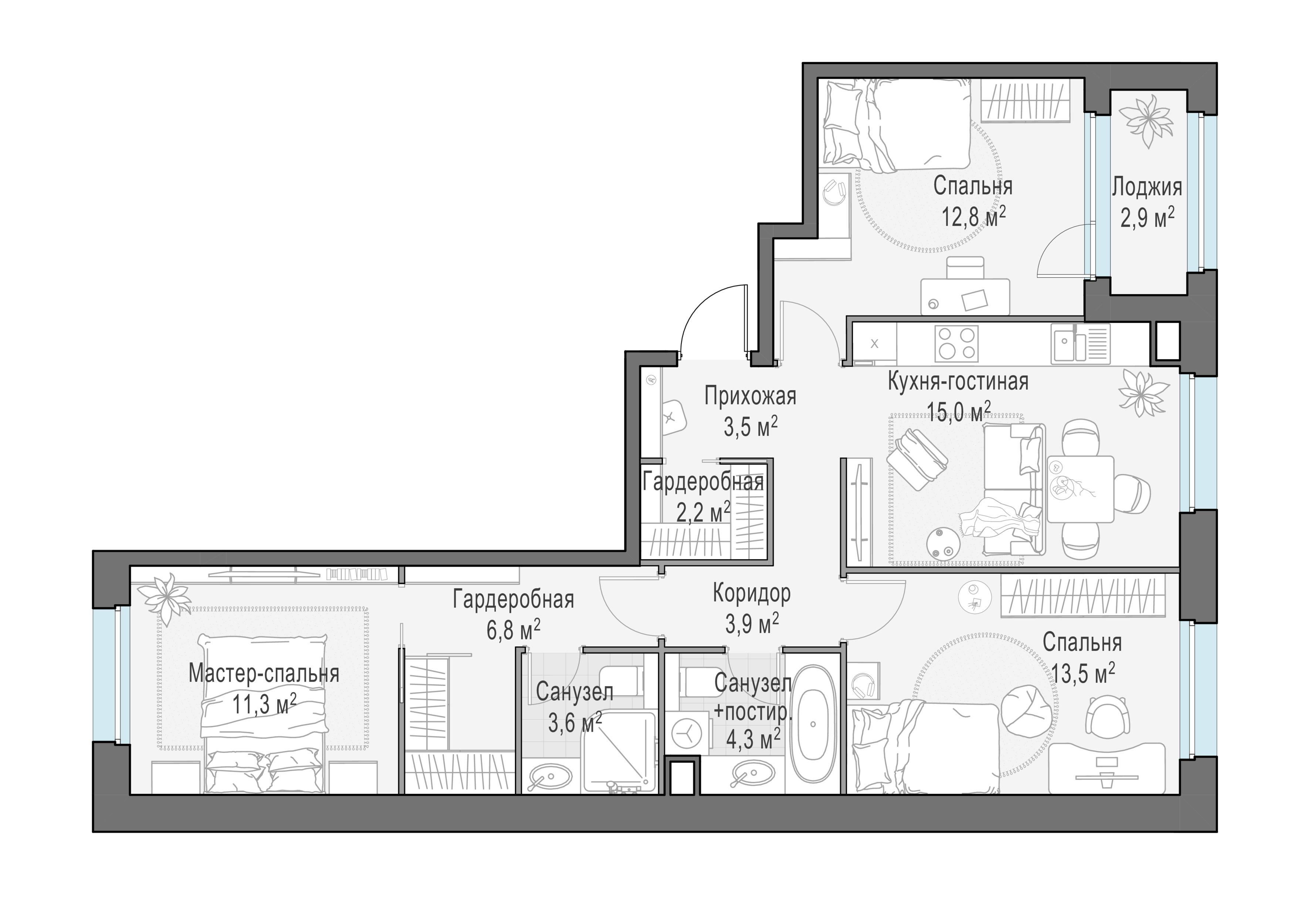 3-комнатная 78 м2 в ЖК Жилые кварталы «Белый Град» корпус null этаж 21