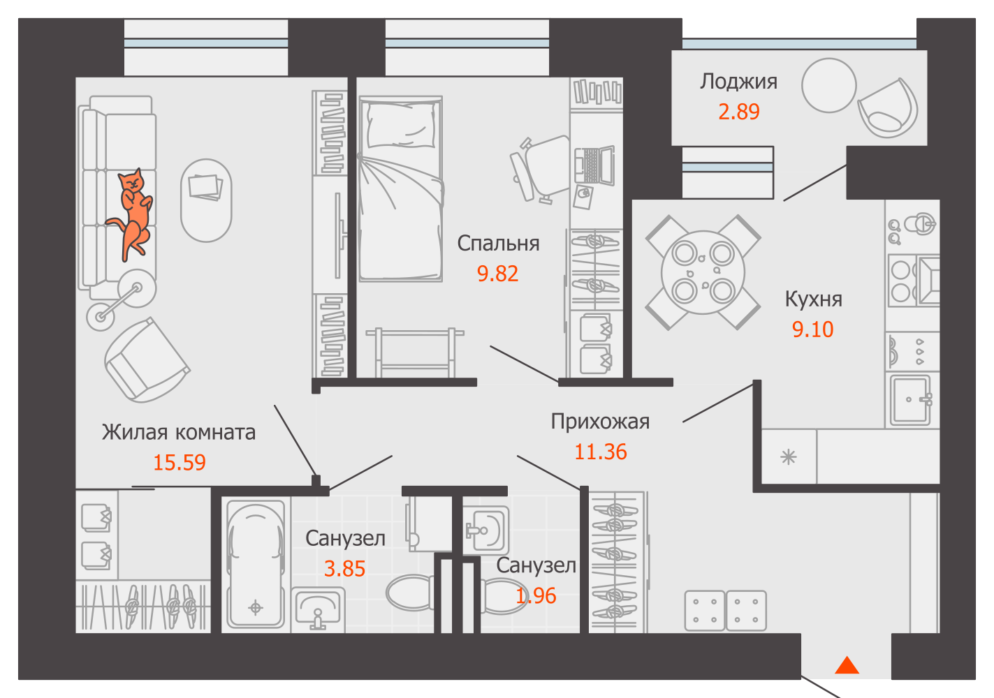 2-комнатная 53 м2 в ЖК ЖК Город Новаторов корпус null этаж 5