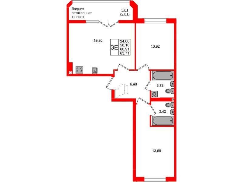 2-комнатная 60 м2 в ЖК Консул корпус null этаж 7