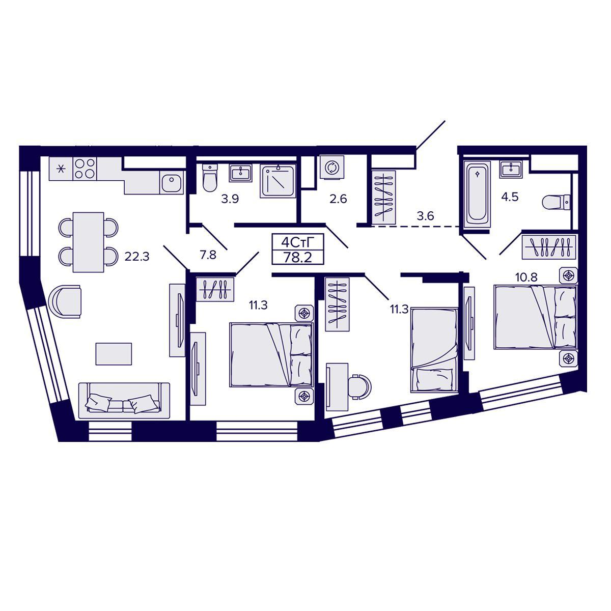 4-комнатная 78 м2 в ЖК Самородный квартал корпус null этаж 29