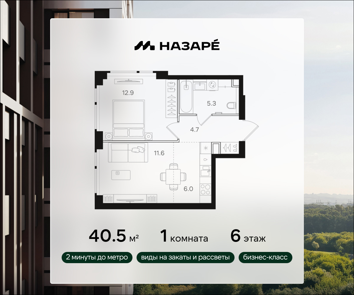 1-комнатная 40 м2 в ЖК НАЗАРÉ корпус null этаж 6