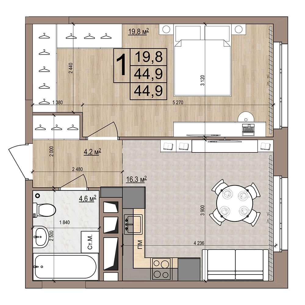 1-комнатная 44 м2 в ЖК Гранд Комфорт-2 корпус null этаж 4
