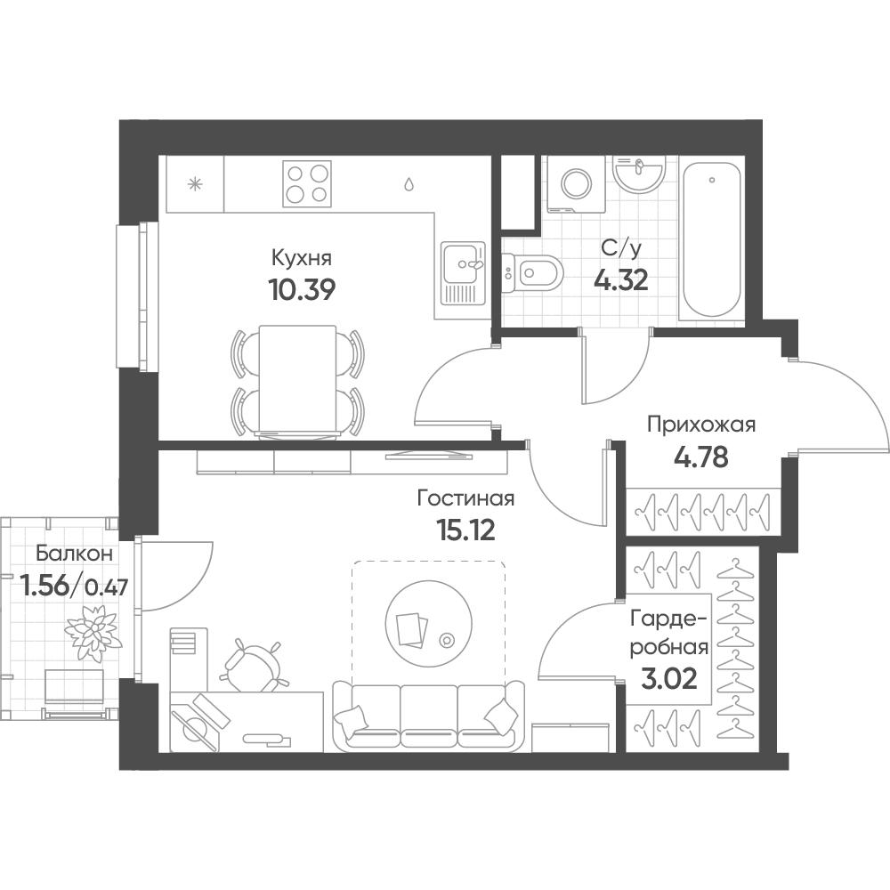 1-комнатная 38 м2 в ЖК Счастье в Казани корпус null этаж 6