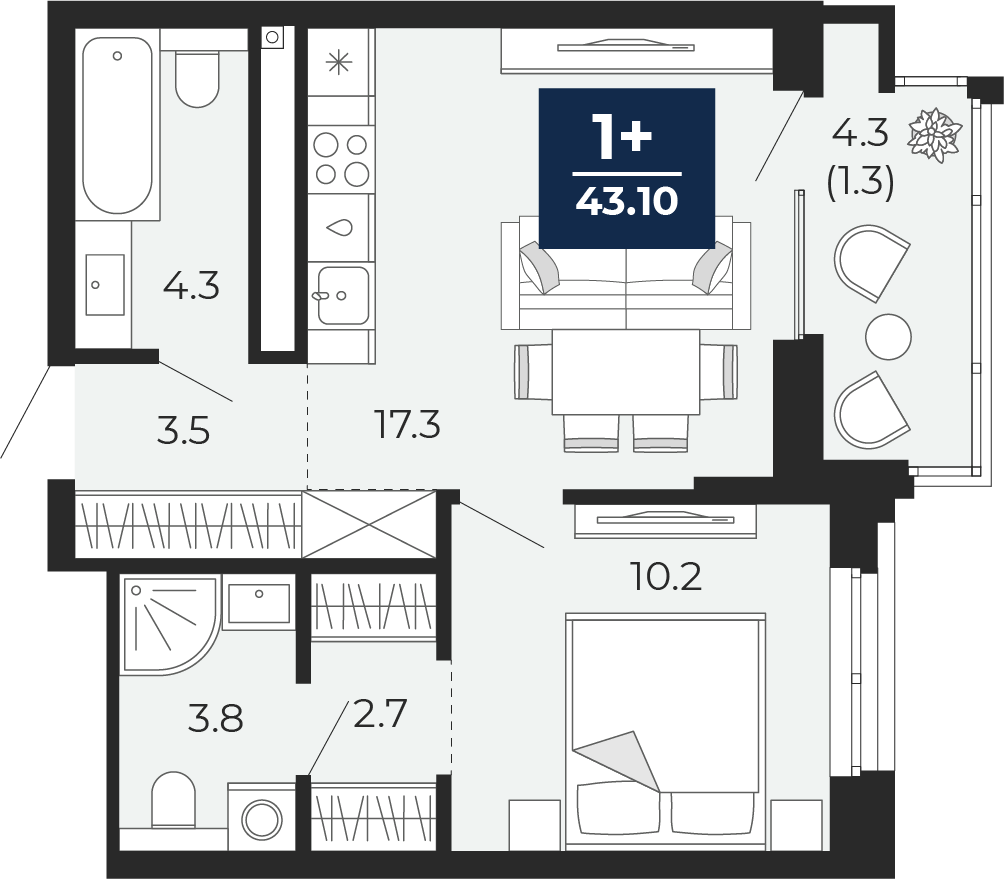 1-комнатная 41 м2 в ЖК Мириады корпус null этаж 3