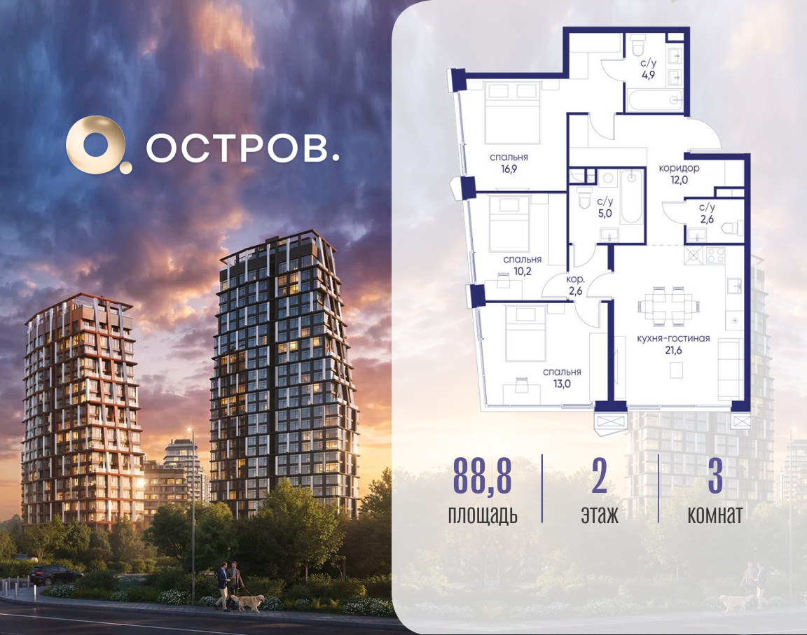 3-комнатная 88 м2 в ЖК Остров корпус null этаж 2