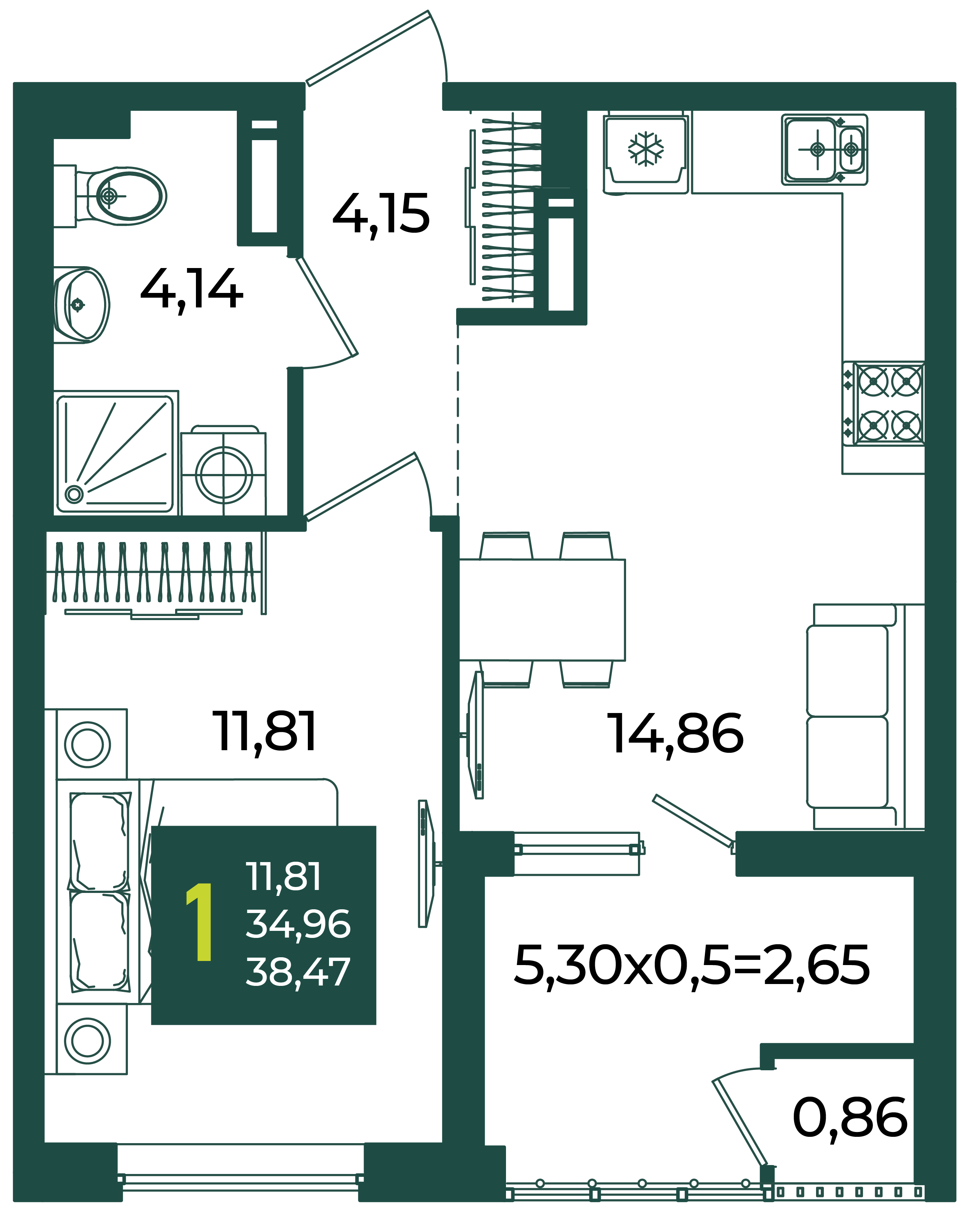 1-комнатная 38 м2 в ЖК Образцово корпус null этаж 15