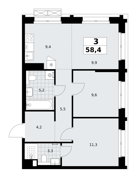 3-комнатная 58 м2 в ЖК Хольм корпус null этаж 13
