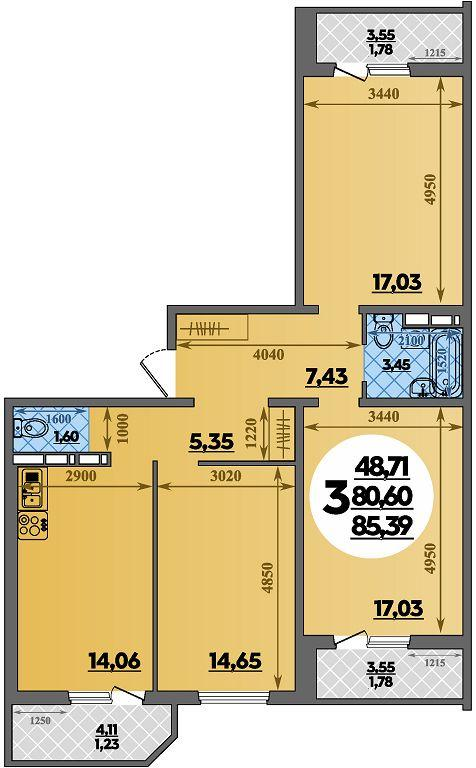 3-комнатная 85 м2 в ЖК Восточный корпус null этаж 5