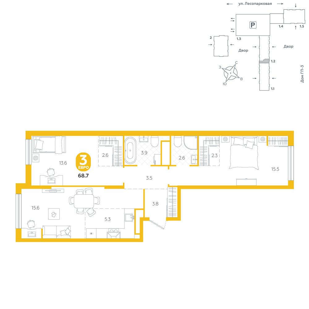 Студия 68 м2 в ЖК Чистые пруды корпус null этаж 2