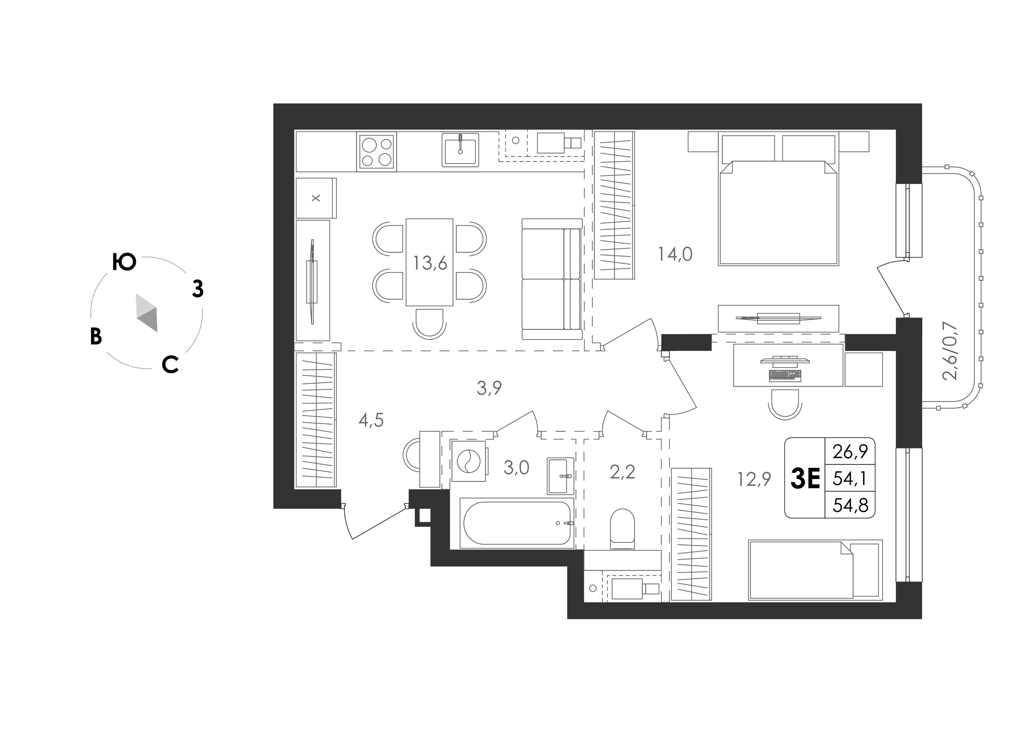 3-комнатная 54 м2 в ЖК Циолковский корпус null этаж 6