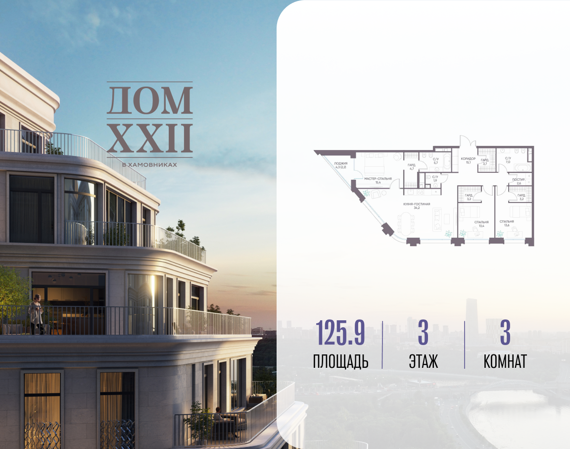 3-комнатная 125 м2 в ЖК Дом XXII корпус null этаж 3