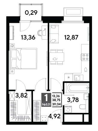 1-комнатная 39 м2 в ЖК EVO корпус null этаж 22