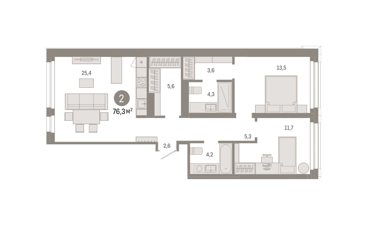 2-комнатная 76 м2 в ЖК Квартал Нефть корпус null этаж 2