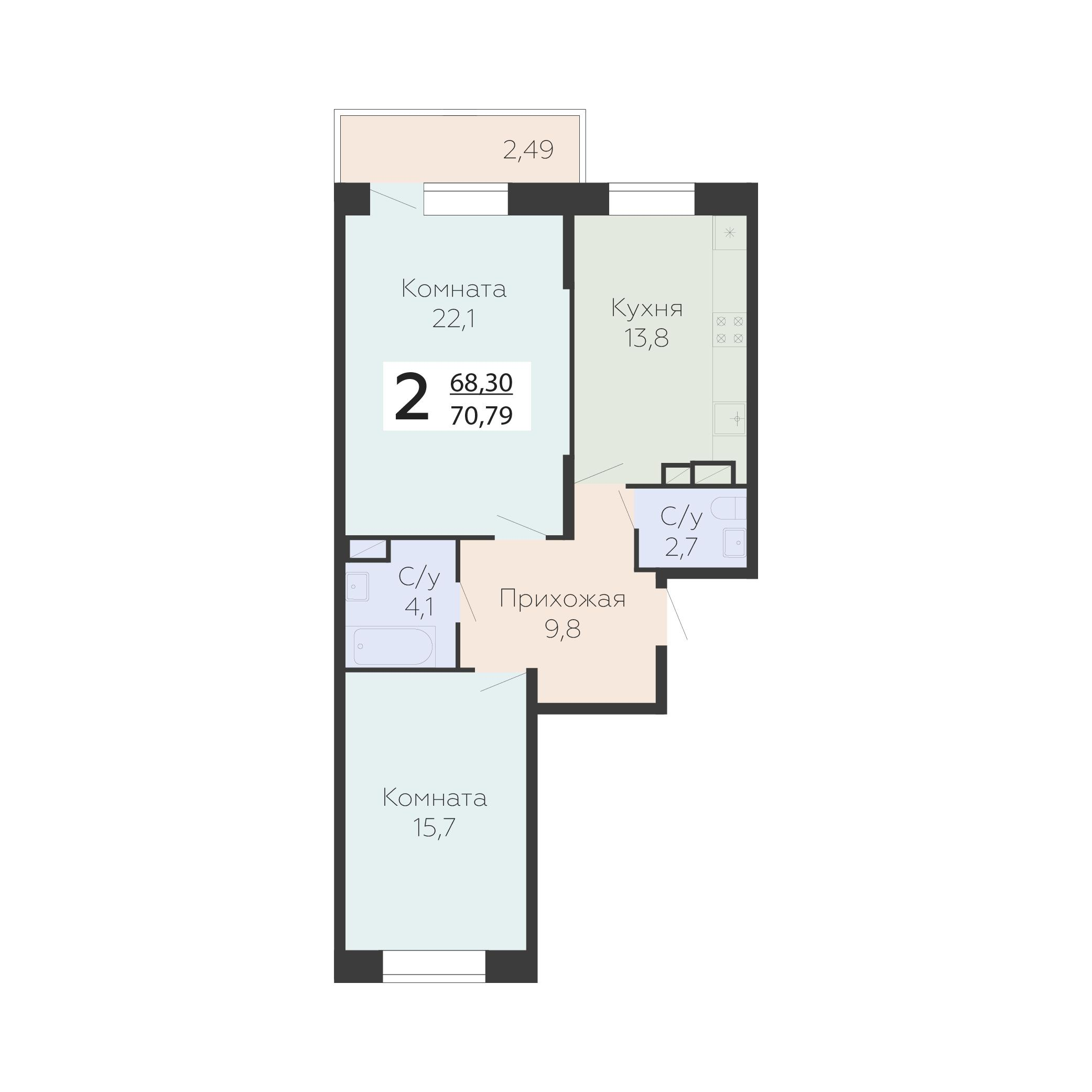 2-комнатная 70 м2 в ЖК Онегин корпус null этаж 10